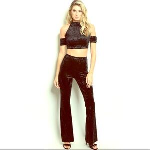 Womens Black Velvet Two-Piece Set Cozy Sexy High Waist Long Pants Lounge